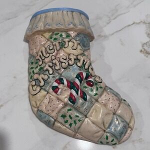 Christmas Stocking Wall Pocket 10" Handpainted Mold Merry Christmas Cottage Core